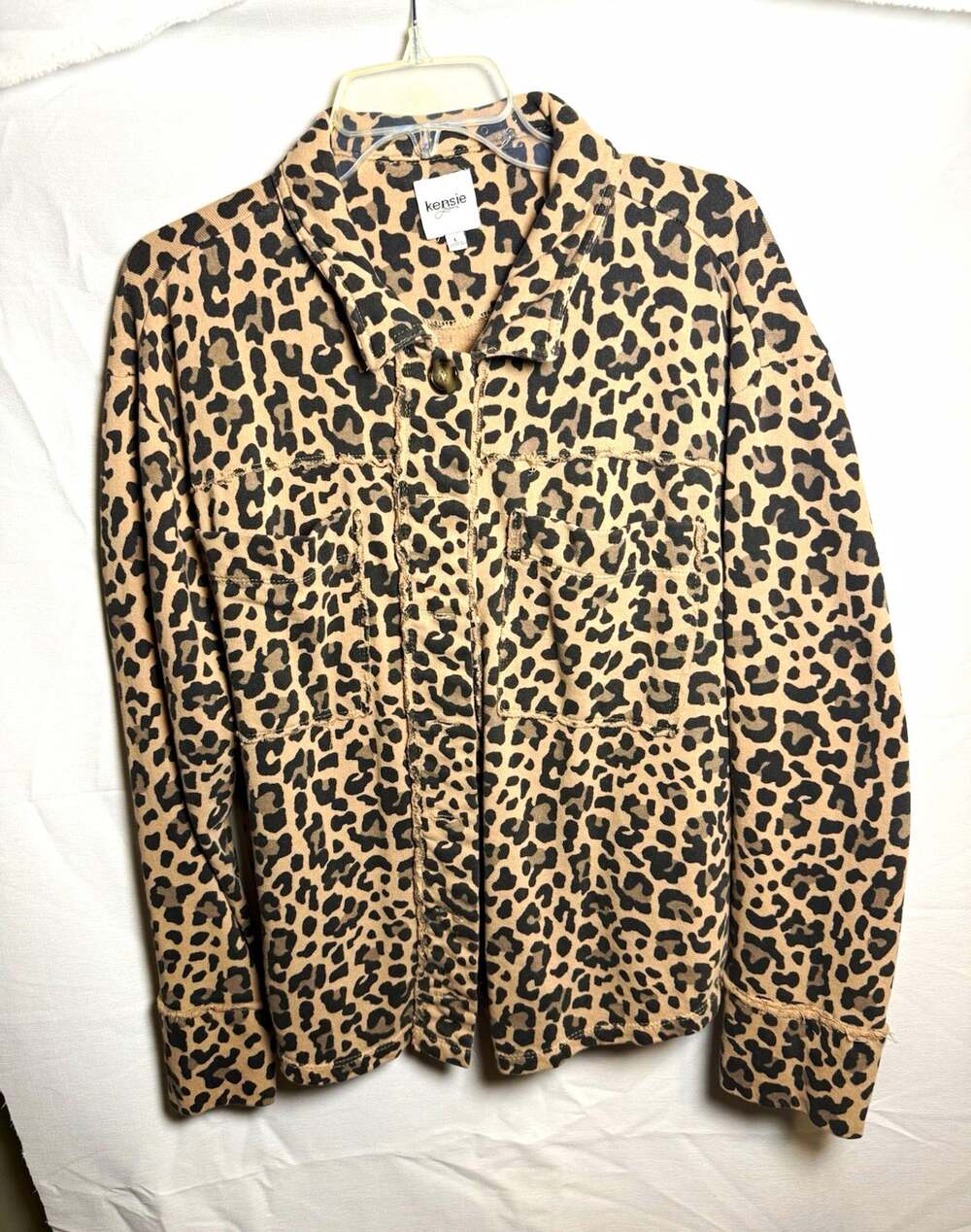 Kensie Jeans Leopard Print Shacket Womens Lg Cotton Knit Button Jacket Raw Hem